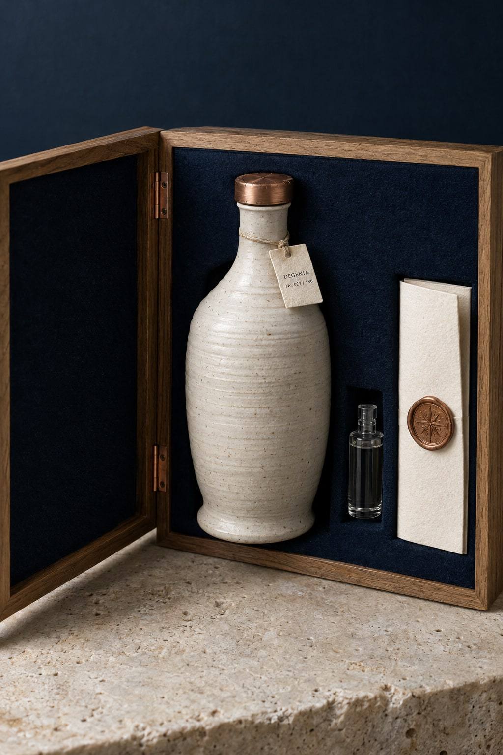 Keramička posuda Degenia u otvorenoj hrastovoj kutiji, s bočicom od 3 cl i certifikatom s voštanim pečatom