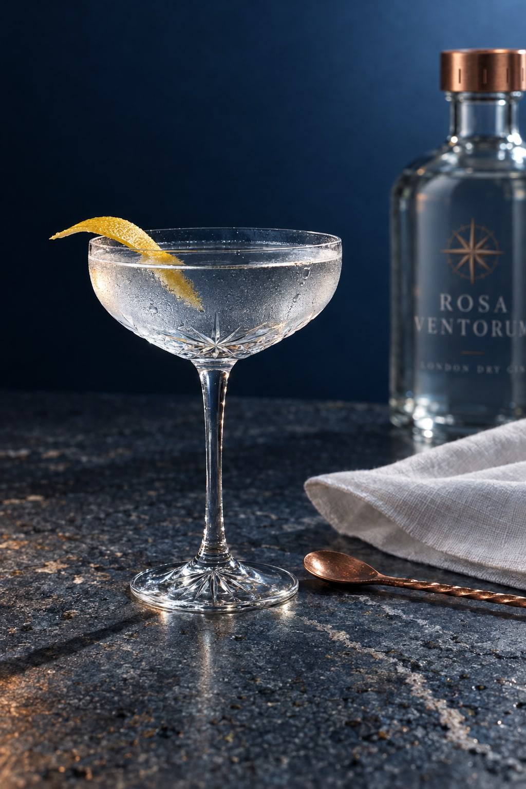 Martini u kristalnoj čaši s korom limuna, uz bakrenu žlicu